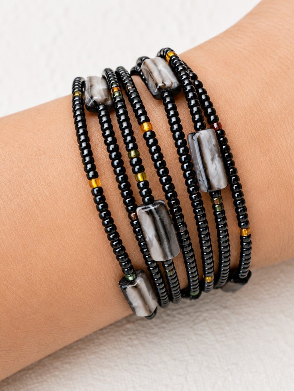 Black Seed Bead Memory Wire Bracelet Gothic Boho Wrap Bracelet Y2K Jewelry
